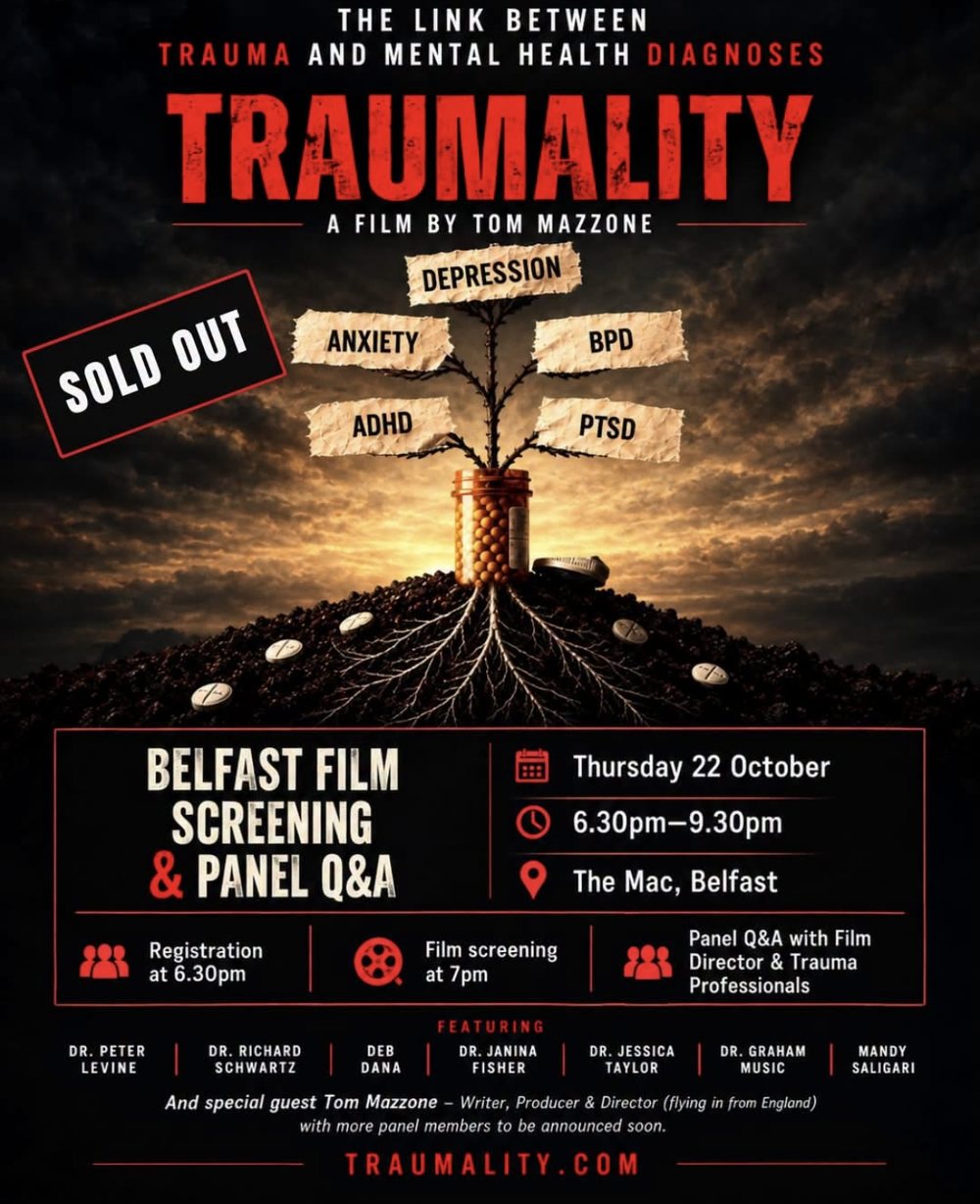 Poster for the Belfast screening of Traumality, a film by Ton Mazzone, at the MAC on 22 October, marked sold out